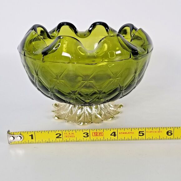 VTG Indiana Glass Avocado Green Crimped Edge Diamond Duette Bowl MCM Pineapple - Picture 3 of 9